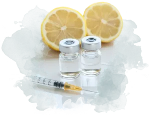 Two lemon halves with medical vials and syringe in the Why Choose Us section, highlighting Infinite You MedAesthetics’ expertise in dermal filler injections to restore volume and youthful contours and smooth facial lines.