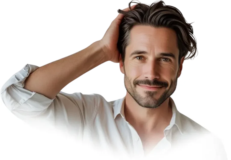 Man in his early 40s with thick, healthy hair, representing successful KeraLase laser hair restoration treatments for thinning hair at Infinite You MedAesthetics.