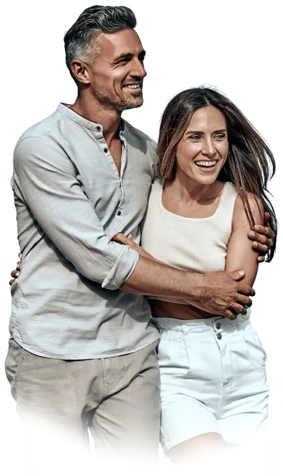 Attractive couple in their 40s wearing summer clothes, embracing and laughing, representing confidence and rejuvenation from medspa treatments, including Botox, dermal fillers, Morpheus8 microneedling, laser skin resufracing Lutronic Ultra, Keralase hair restoration, and DiolazeXL laser hair removal, for women and men at Infinite You MedAesthetics in Garden City, NY.