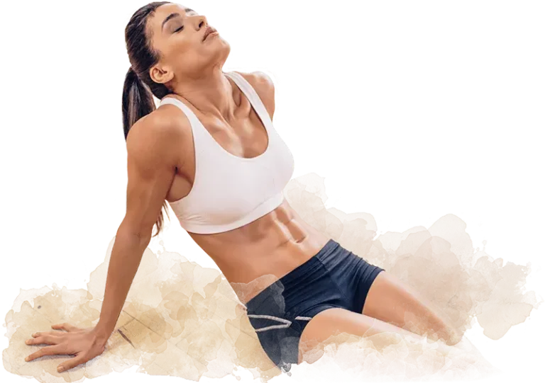 Toned woman in her 30s wearing a sports bra and shorts, leaning back and relaxed after a workout, representing Morpheus8 body microneedling treatments at Infinite You MedAesthetics to tighten skin, get rid of loose, sagging skin, and remodel body fat.