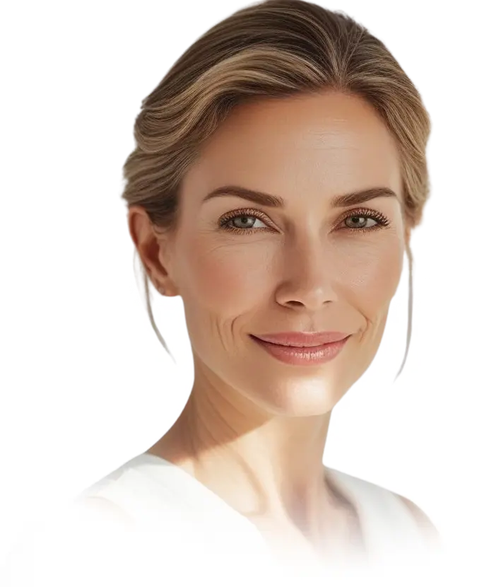 Beautiful woman in her early 40s with smooth, youthful skin, head and shoulders only, representing Morpheus8 microneedling treatments at Infinite You MedAesthetics to tighten and lift sagging skin, smooth wrinkles and fine lines, improve skin texture and tone, boost collagen, and rejuvenate the face and neck.
